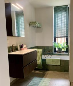a bathroom with a tub and a sink and a bath tub at PATERSHOF vakantieverblijf in Diest