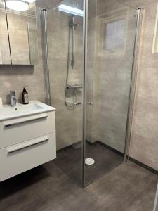 a bathroom with a shower and a sink at Trollebo Säteri in Vetlanda +134 photos