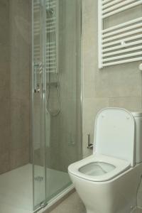 a bathroom with a toilet and a glass shower at Carvajal Street, Private rooms in Madrid