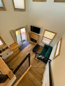 an overhead view of a living room in a tiny house at Tiny Cabin #1 at The Cedars in Kanab