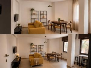 a living room and dining room with a table and chairs at Casa Pelagos in Brindisi
