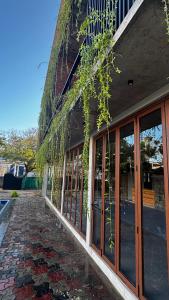 a facade of a building with glass windows and vines at Paris Garden Resort in Trincomalee