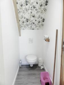 a bathroom with a white toilet and a pink stool at L'auberge d'authie in Authie +11 photos