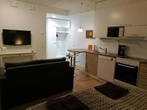 a living room with a couch and a kitchen at RovaVisit Apartments Siljo in Rovaniemi