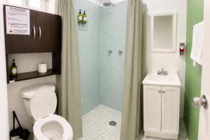 a bathroom with a shower and a toilet and a sink at Casa Postal, Loft cerca del Centro, wifi rápido y estacionamiento in Oaxaca City