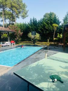 a swimming pool with a table and a basketball hoop at Forest Garden Retreat with Pool near the Beach in Seignosse