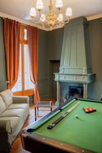 a living room with a pool table and a fireplace at Domaine de La Bourse in Vérigny