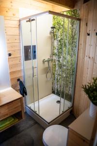 a shower with a glass door in a bathroom at Taunus Tinyhouse - Sauna, Grillplatz & Naturidylle in Weilrod +80 photos