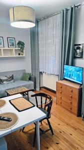 a living room with a couch and a table at Chrobry Square - Art Apartament in Gorzów Wielkopolski