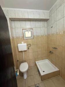 a bathroom with a toilet and a bath tub at Apartman sa dve spavace sobe, prizemlje, Popović in Petrovac na Moru