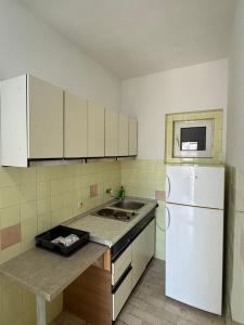 a kitchen with a white refrigerator and a sink at Apartman sa dve spavace sobe, prizemlje, Popović in Petrovac na Moru