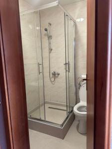 a bathroom with a shower and a toilet at Restoran Orahovica Konjic - sobe in Konjic