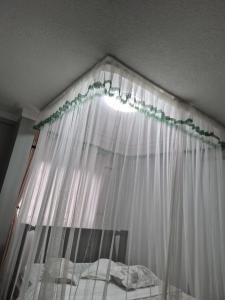 a bedroom with a bed with a white curtain at Pearl Stay in Entebbe