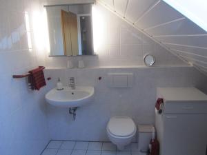 a bathroom with a sink and a toilet and a mirror at Fewo Glaser in Lug +1 photo