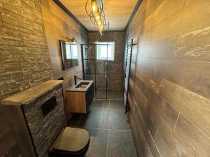 a bathroom with a sink and a shower and a toilet at VinOli Holiday Home in Alveringem