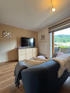 a living room with a couch and a flat screen tv at Haus Asslaber in Hochfilzen