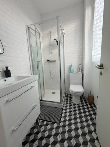 a bathroom with a shower and a toilet and a sink at Les chtis voyageurs appartement 2 chambres terrasse in Marcq-en-Baroeul +14 photos