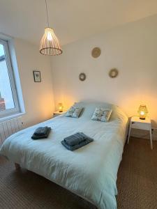 a bedroom with a large bed with two towels on it at Les chtis voyageurs appartement 2 chambres terrasse in Marcq-en-Baroeul