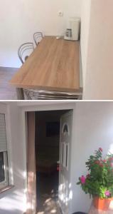 two pictures of a kitchen with a counter and a table at Nadalina 9 in Starigrad