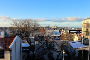 une ville enneigée sur les toits des bâtiments dans l'établissement Odinn Reykjavik Odinsgata Apartments, à Reykjavik