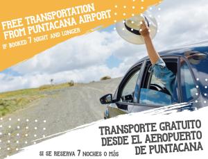 a flyer for a free transportation from punjabarmaarma airport at AVENTURA STUDIOS with TROPICAL POOL - playa LOS CORALES in Punta Cana