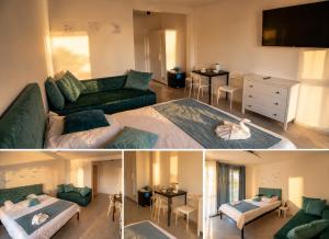 a living room with a green couch and a room with a bed at Victoria Ustka Pokoje i Apartamenty Blisko Plaży in Ustka