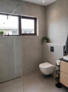 a bathroom with a toilet and a glass shower at Elliðaár Valley Guesthouse in Reykjavík +18 photos