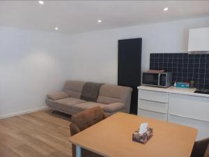 a living room with a couch and a table at Kamer Zwijnaarde in Ghent