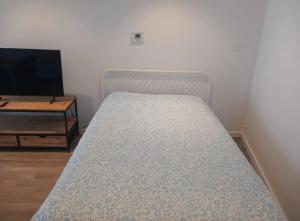 a bed in a room with a tv and a table at Kamer Zwijnaarde in Ghent