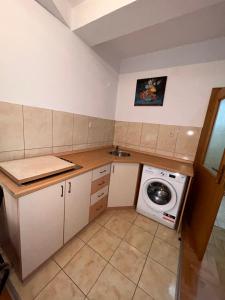 a small kitchen with a washing machine and a sink at M apartment in Ohrid +4 photos