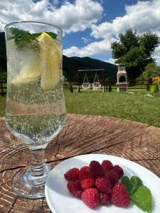 a plate of raspberries and a glass of water on a table at Șura Moșului in Dobîca