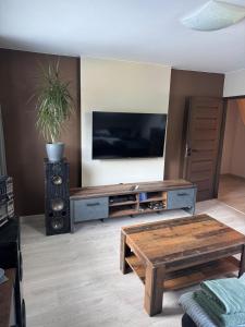 a living room with a tv and a coffee table at Apartmán Lesný Dvor in Martinske Hole