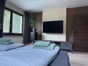 a bedroom with two beds and a flat screen tv at Apartmán Lesný Dvor in Martinske Hole