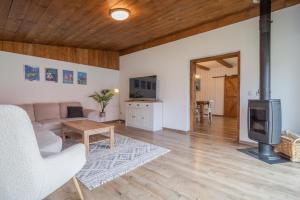 a living room with a couch and a fireplace at Modrý Dom - Telgárt Resort in Telgárt +48 photos