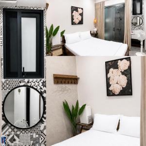a collage of three pictures of a bedroom with a mirror at Lacasa Homestay in Hue