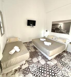a bedroom with two beds and a flat screen tv at Giasemi Fira Studios in Fira