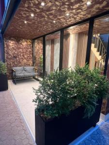 a patio with a bench and plants on a building at Xhasen Hotel & Café in Tirana