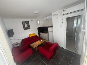 a living room with two red chairs and a table at Canj Cozy apartment 2 in Čanj