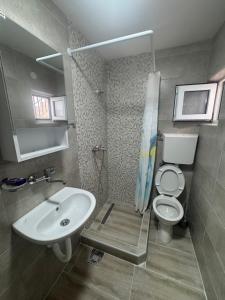a small bathroom with a sink and a toilet at Canj Cozy apartment 2 in Čanj