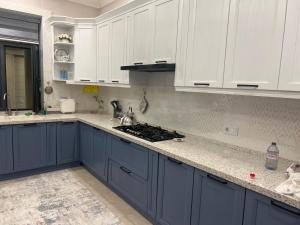 a kitchen with blue cabinets and a stove top oven at Luxury Tashkent house Zenith in Tashkent