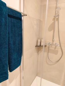 a bathroom with a shower with blue towels at Studio Valentigney in Valentigney +53 photos