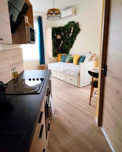 a small kitchen and living room with a couch at Studio Valentigney in Valentigney