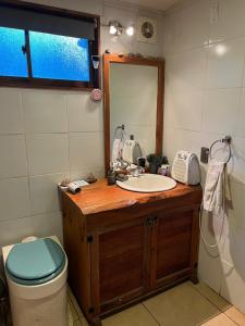 a bathroom with a sink and a toilet and a mirror at Refugio Lawentu Linares Colbun in Los Rabones