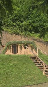a brick building with a staircase in the grass at lazy trout house in Criva