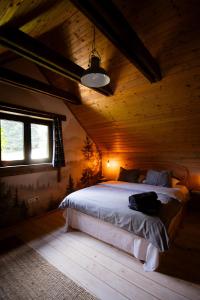 a bedroom with a bed in a wooden cabin at Domek Przyjacielówka Miejsce Ciszy Czarna Góra Sienna Janowa Góra in Stronie Śląskie