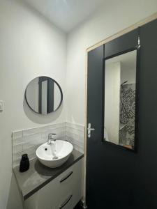 a bathroom with a sink and a mirror at Les Perles de Limoux - Centre Clim Wifi Parking Gratuit in Limoux +43 photos