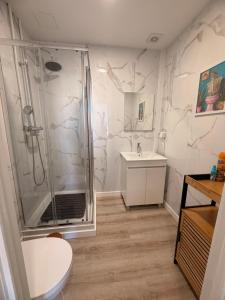 a bathroom with a shower and a sink at Maria's in Faro +19 photos
