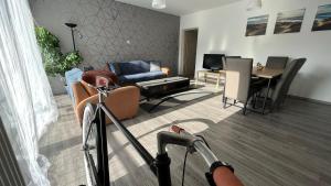 a living room with a bike in front of a living room at Sirály apartman in Keszthely