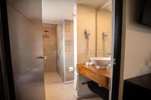 a bathroom with a sink and a shower at Hotel Omenia in Tequisquiapan