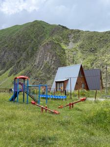 a playground in a field in front of a mountain at River View Cabin Kazbegi in Kazbegi